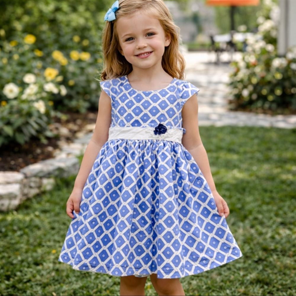 LAURA ASHLEY Blue Geometric Print Dress with White Sash
